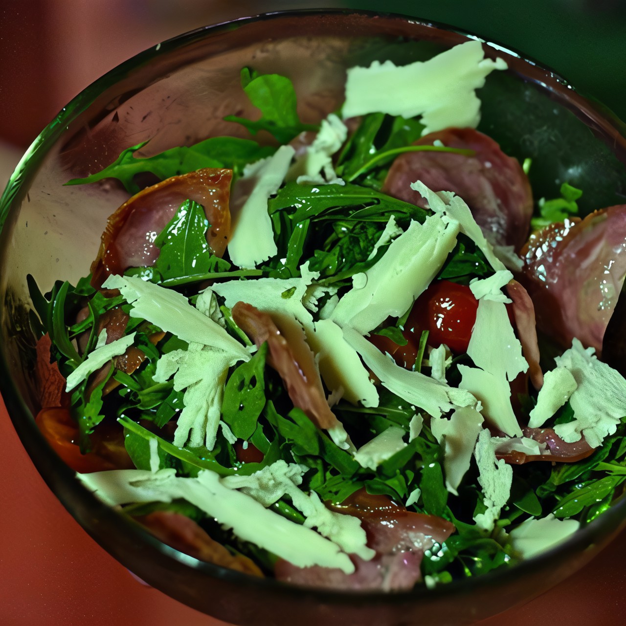 Теплый салат с руколой, помидорами черри, жареными колбасками сальчичон и пармезаном