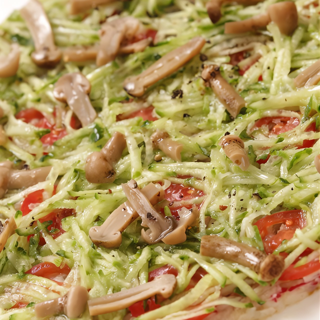 Тиан из тертого редиса, огурца и маринованных грибов с нерафинированным подсолнечным маслом