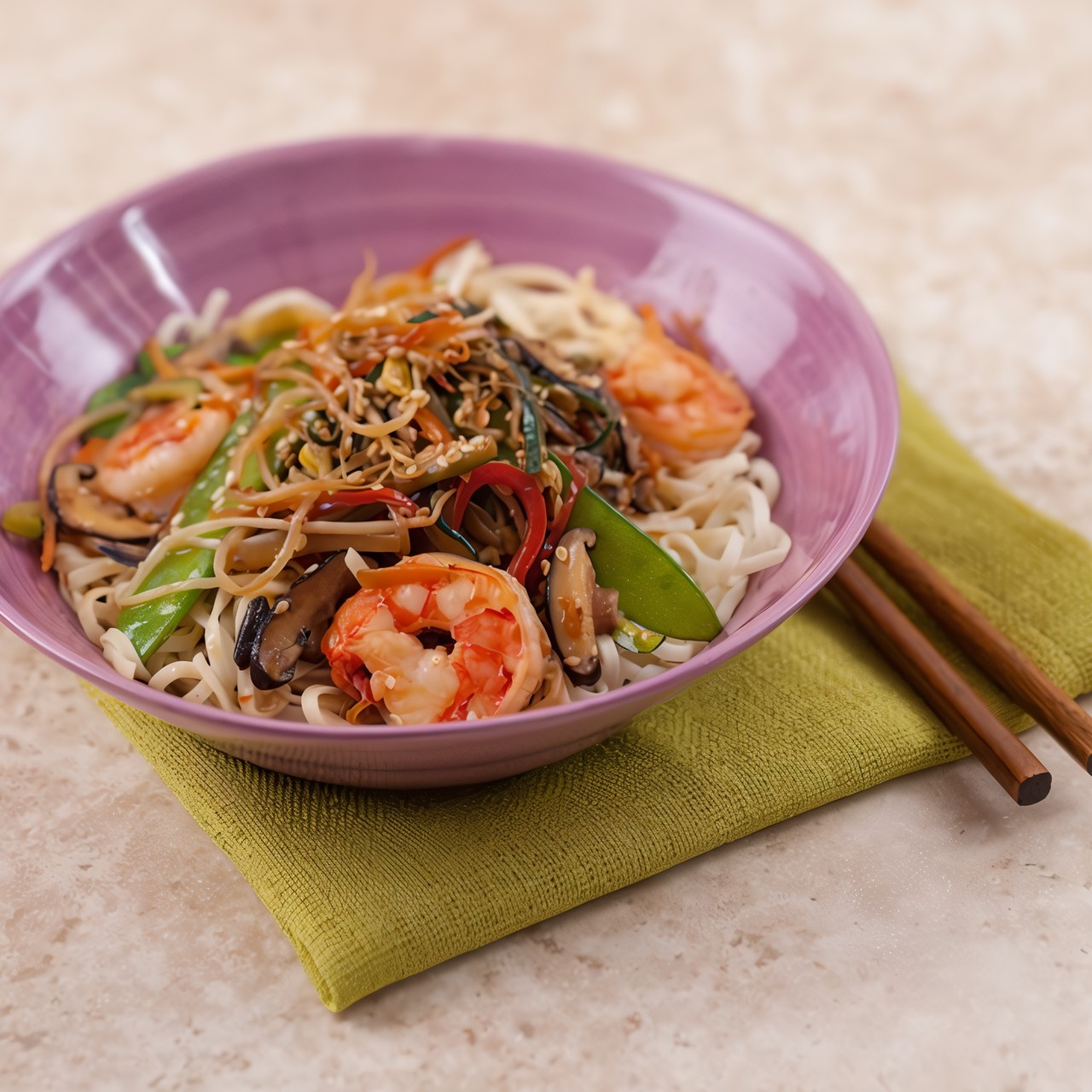 Тигровые креветки с овощами стир-фрай на яичной лапше