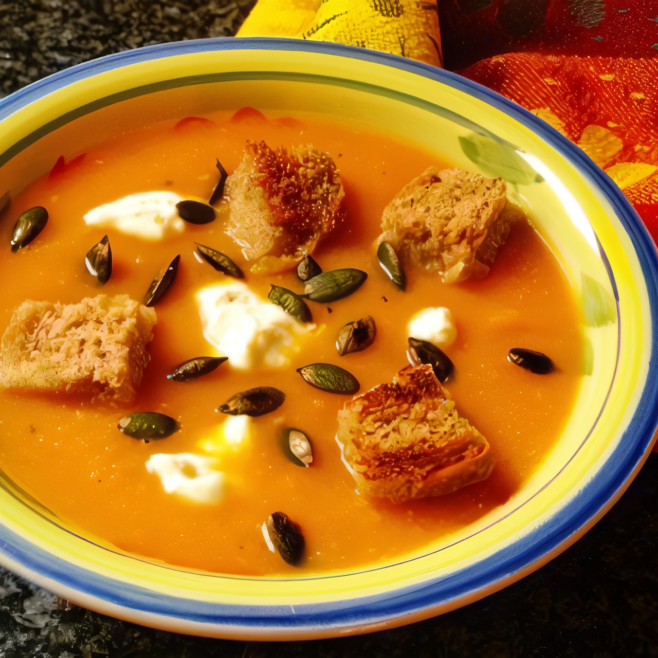 Тыквенный крем-суп с крутонами и тыквенными семечками