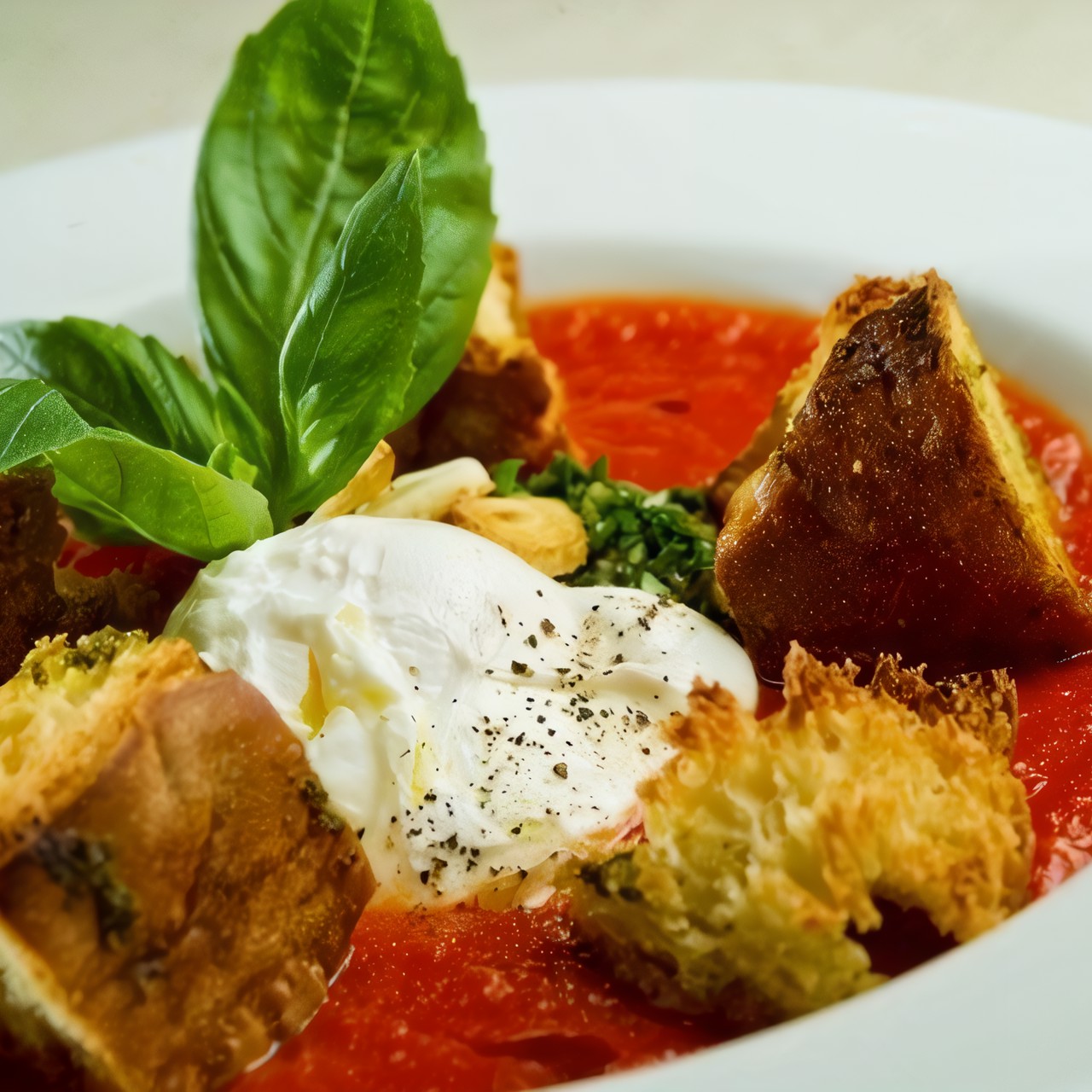 Томатный крем-суп с тосканскими гренками и яйцом пашот