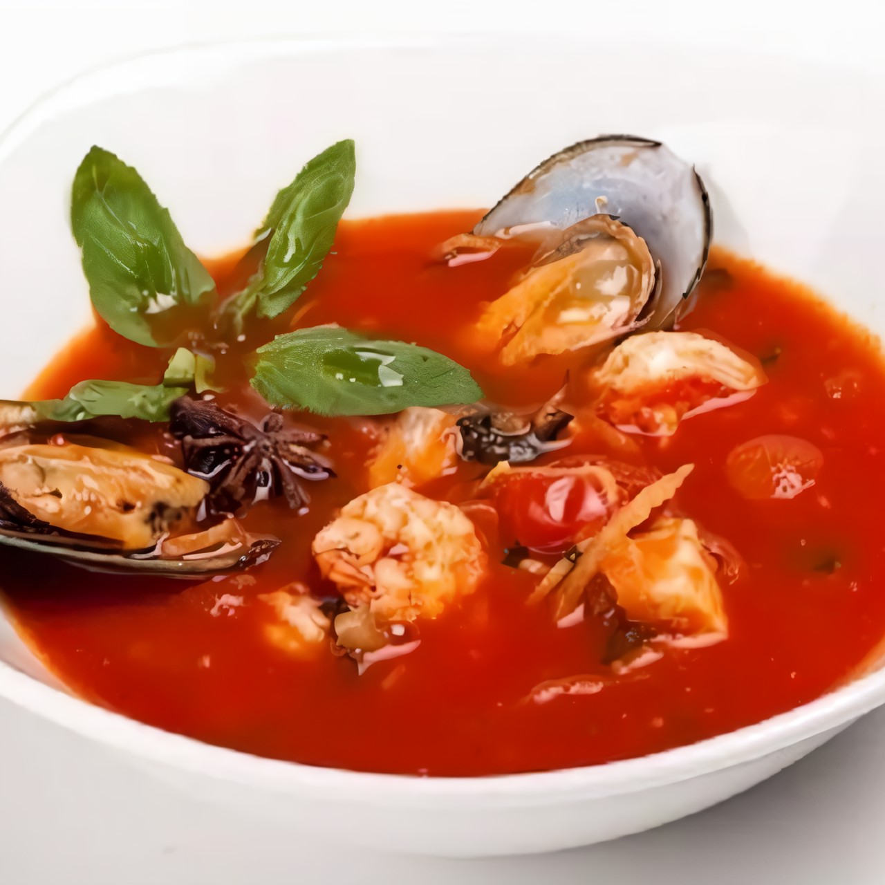 Томатный суп с креветками и рыбой