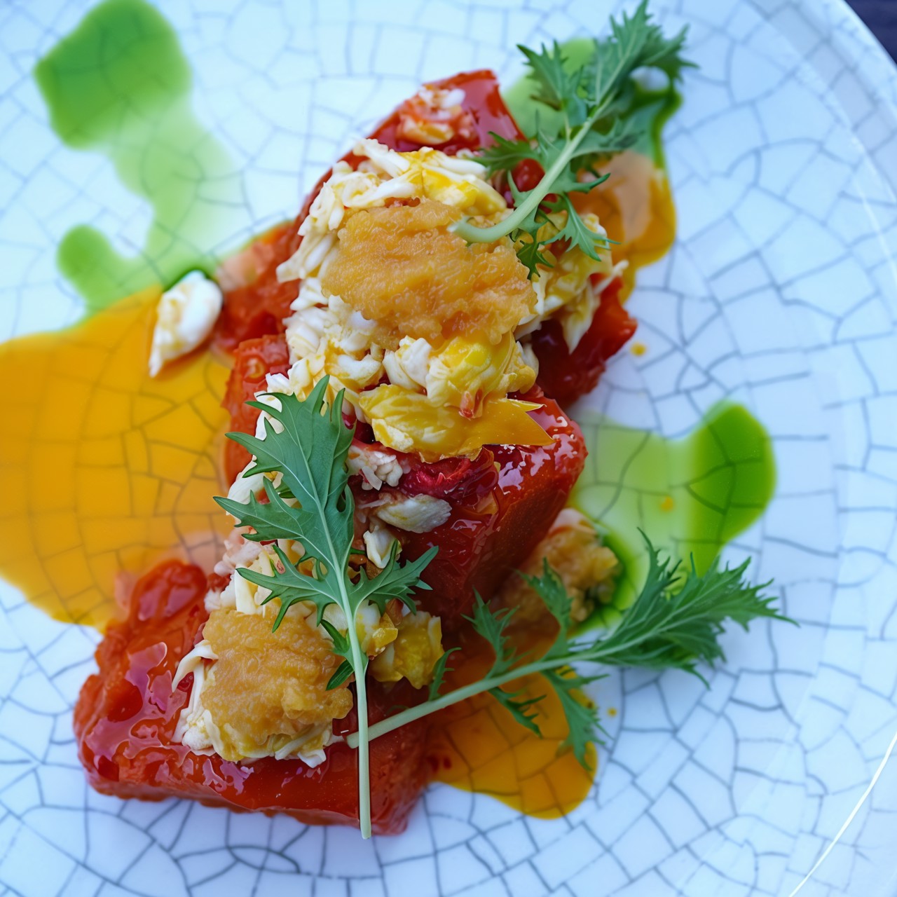 Томленая тыква с крабом, икрой щуки и морковным соусом