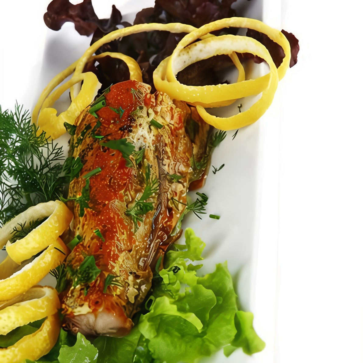 Тунец с мятой, чесноком, томатами и белым вином