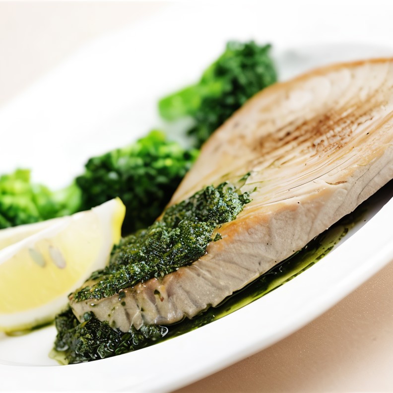 Тунец с соусом песто из кинзы и грецких орехов