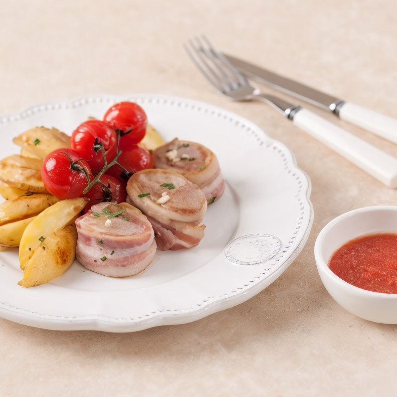 Турнедо из свинины с запеченным картофелем и томлеными в прованских травах томатами черри