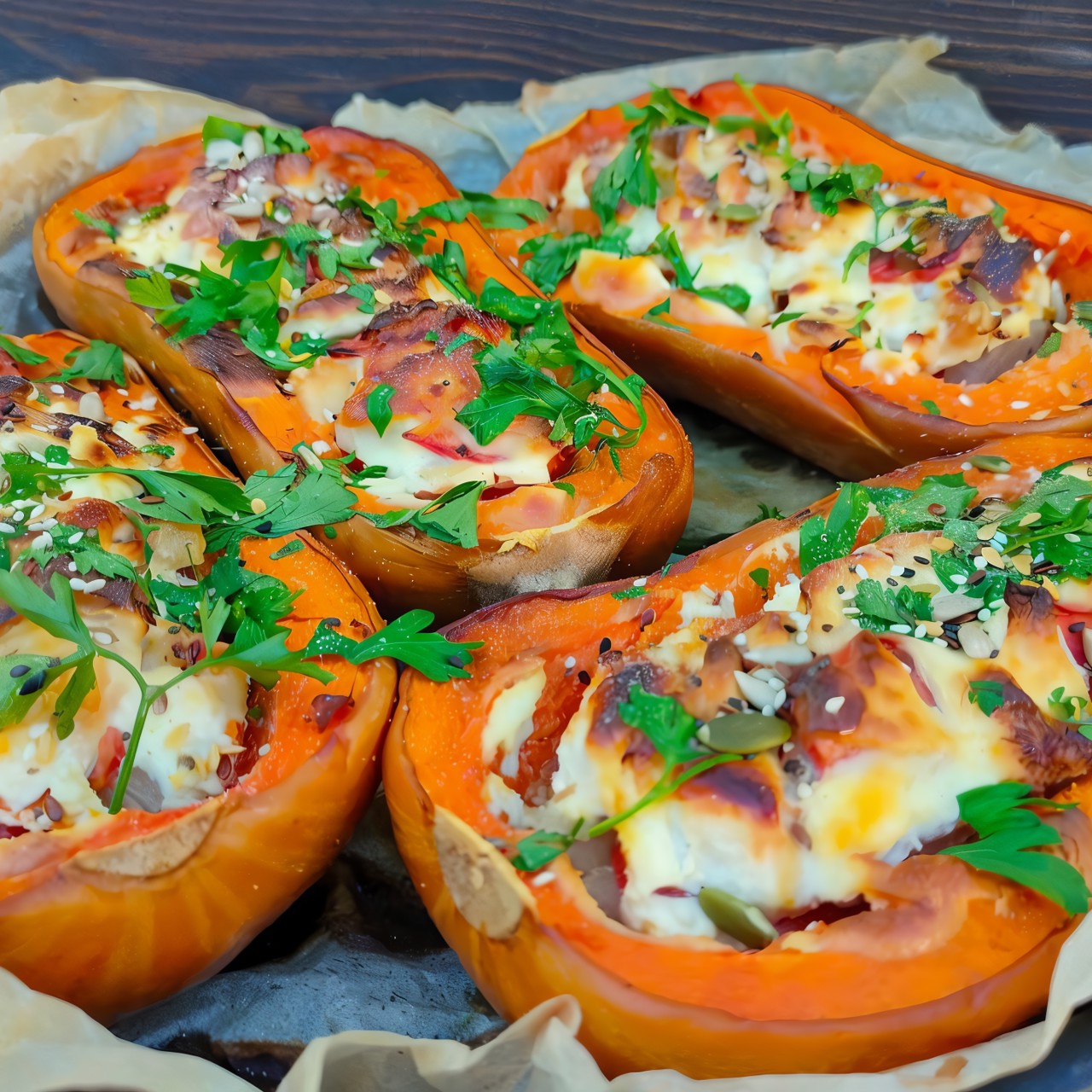 Тыква, запеченная половинками, с курицей и овощами