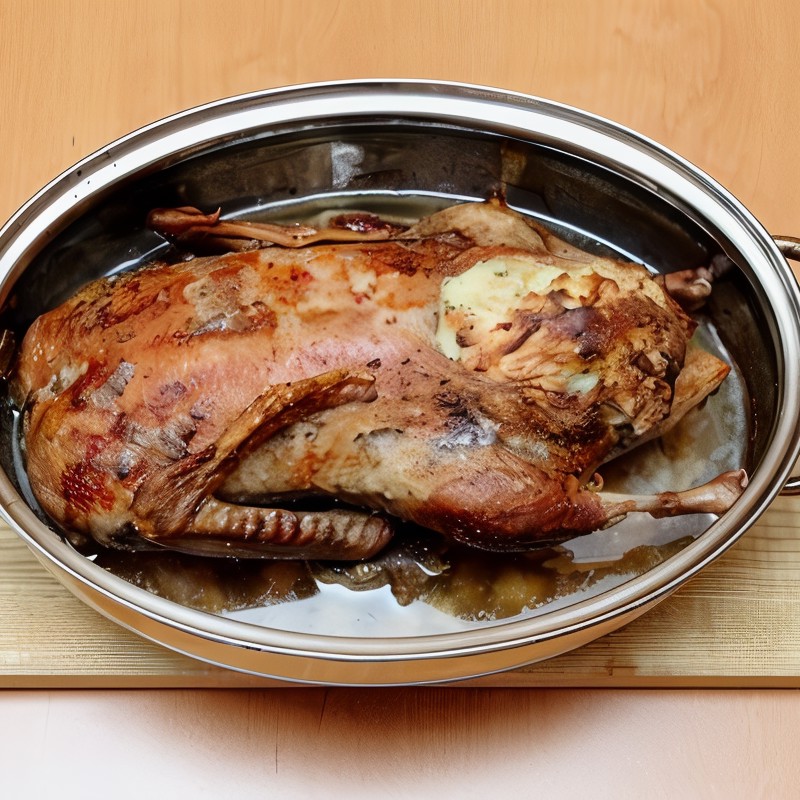 Утка с квашеной капустой и черносливом, запеченная в пиве