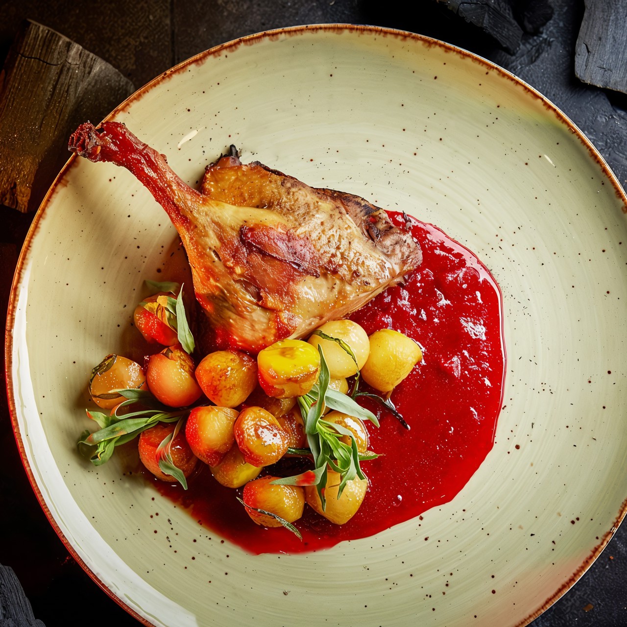 Утка с печеными яблоками, грушей и кизиловым соусом