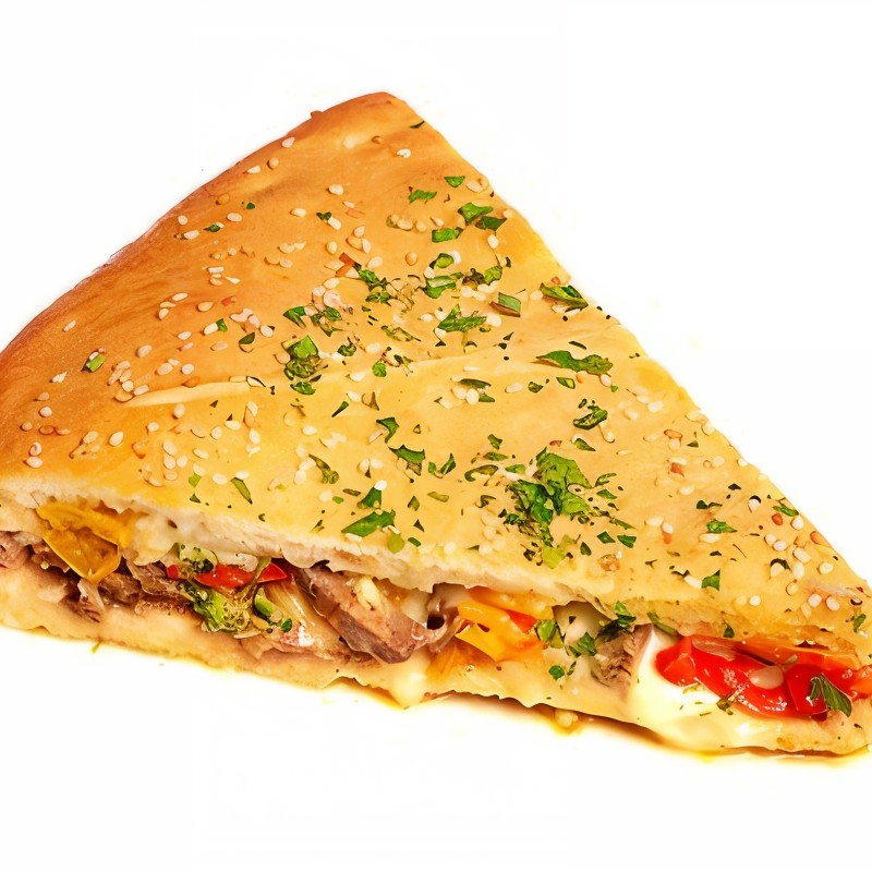 Закрытая пицца с сельдью, томатами и базиликом