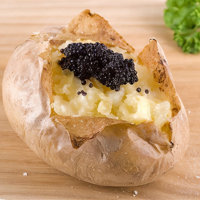 Закуска из жареного картофеля, крема и черной икры