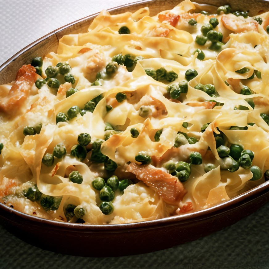 Запеченая паста с сыром, ветчиной и горошком