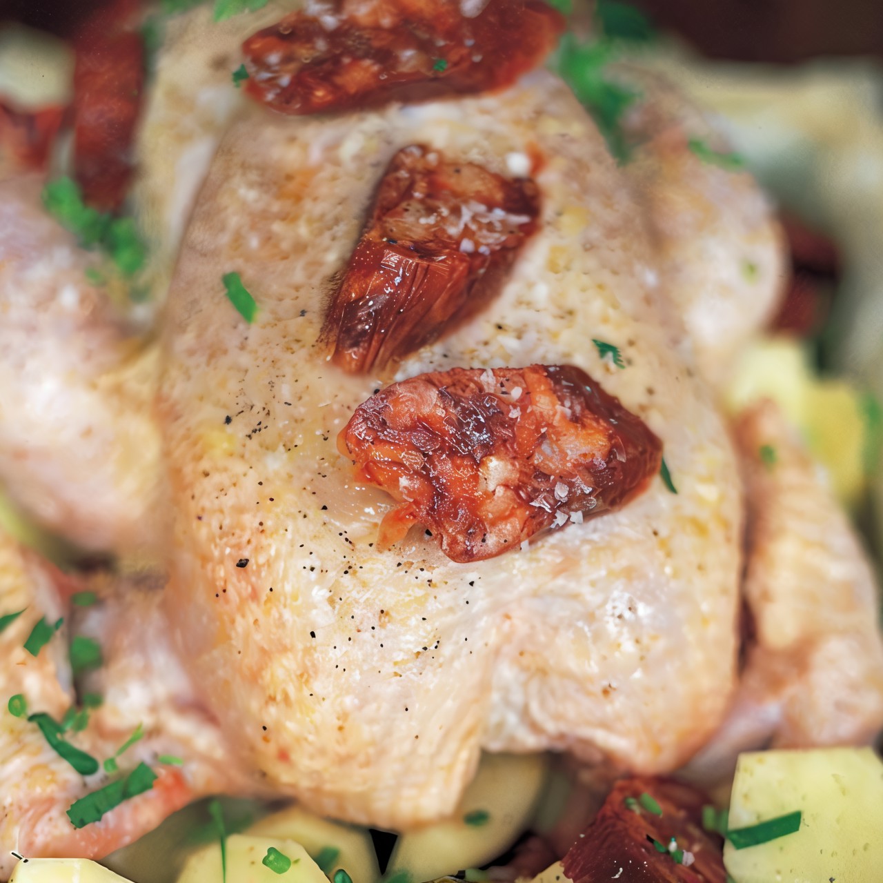 Запеченная курица по-испански с колбасой чоризо