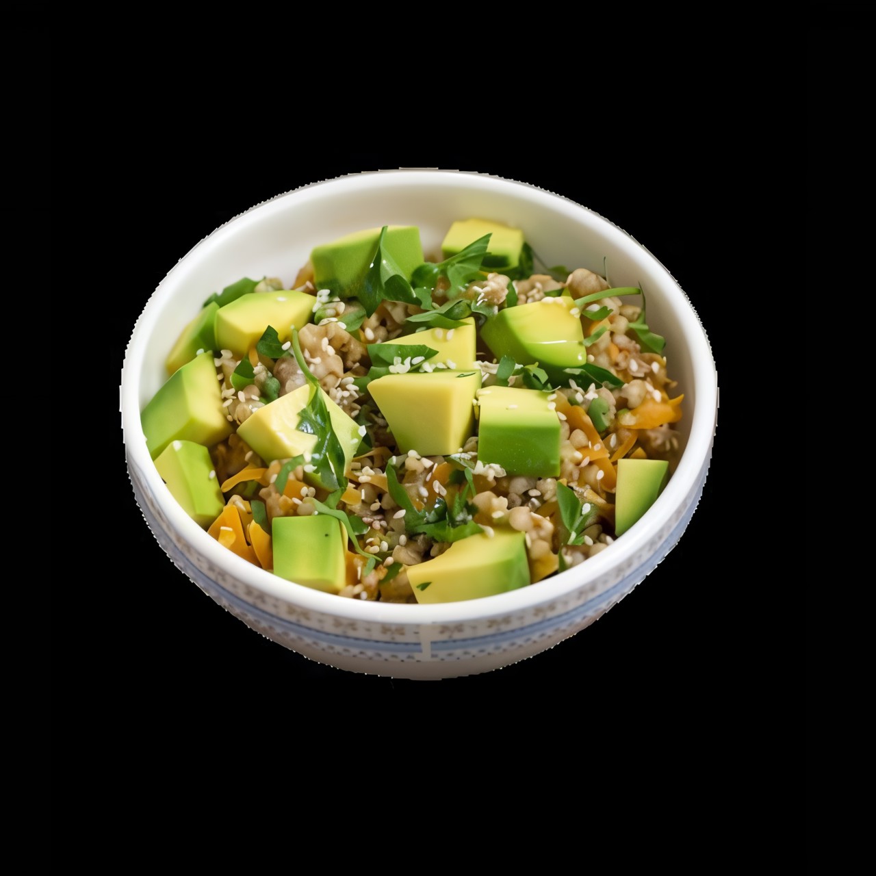 Зеленая греча с морковью и авокадо