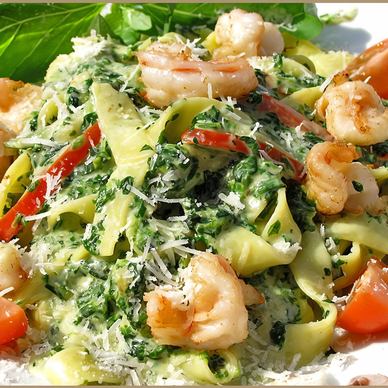 Зеленые феттучини с креветками и шпинатом в сливочном соусе