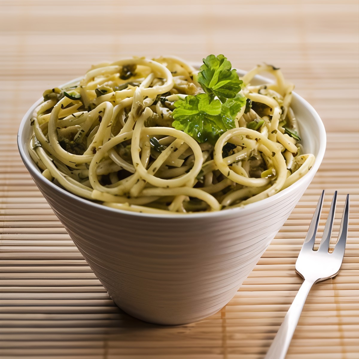 Зеленые спагетти с песто из спаржи и кедровых орешков