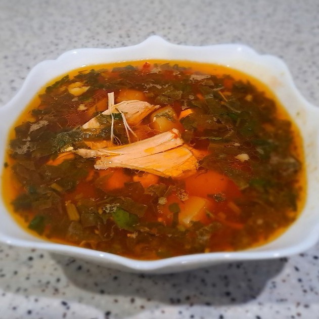 Зеленый борщ на курином бульоне со свеклой