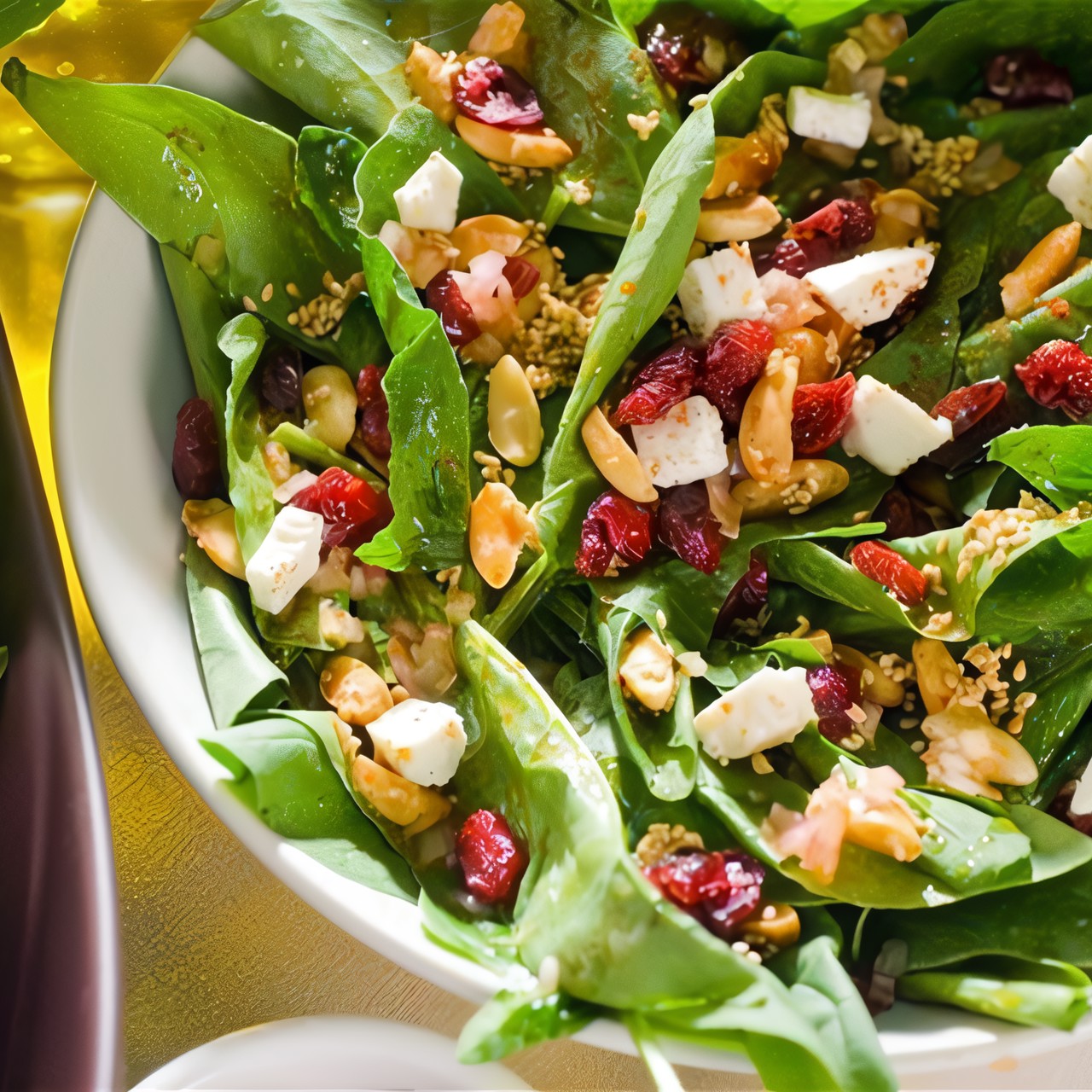 Зеленый салат с козьим сыром, сушеной клюквой и арахисом