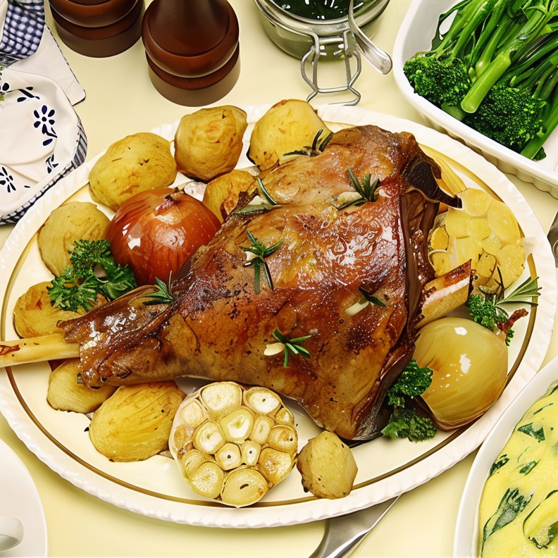 Жареная баранья нога с овощами