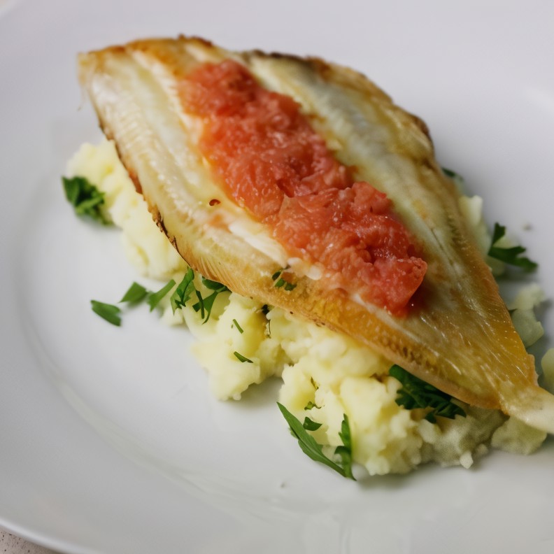 Жареная камбала с картофельным пюре и томатно-грушевым соусом