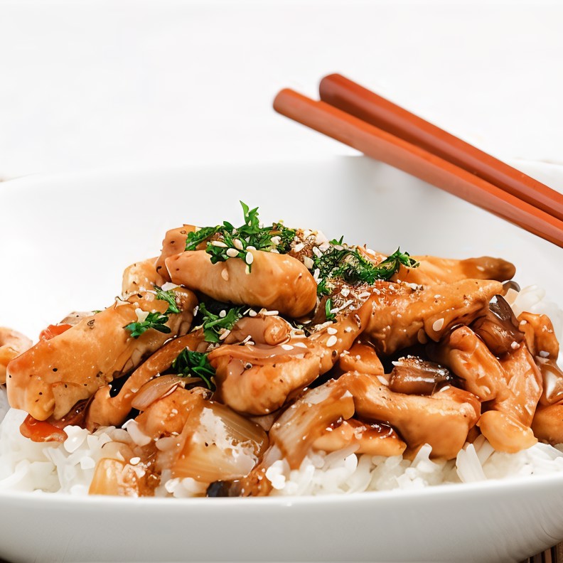 Жареная курица с устричным соусом и овощами