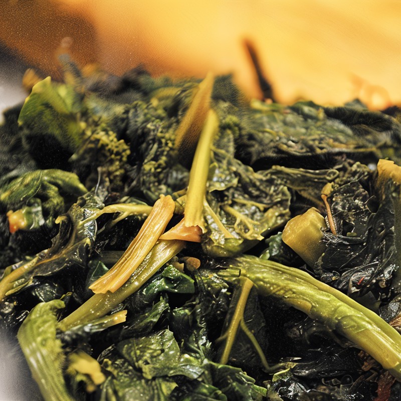 Жареная листовая горчица с чесноком и луком