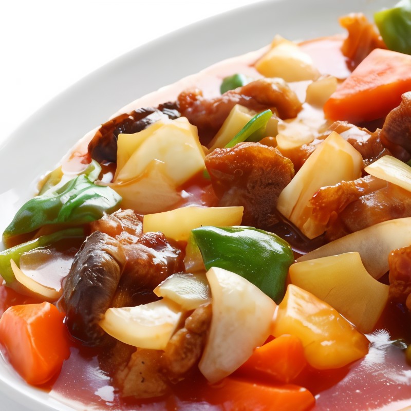 Жареная свинина с ананасами, томатами, зеленой фасолью и базиликом