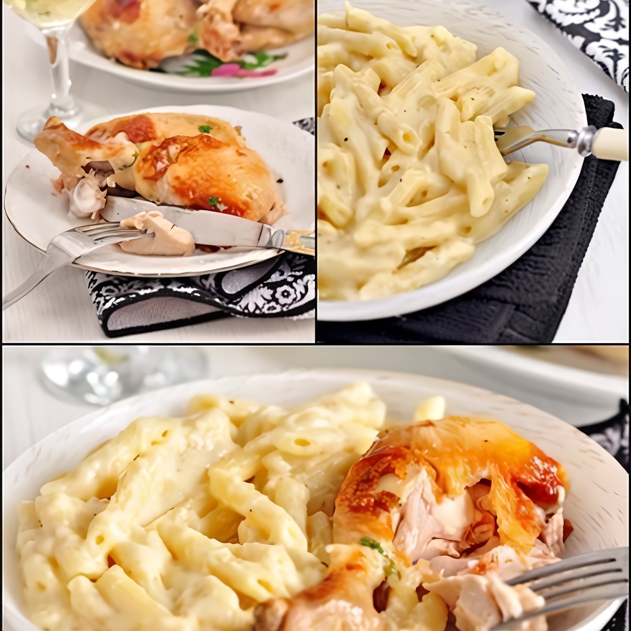 Жареная курица с чесночным соусом и пенне в сырно-сливочном соусе