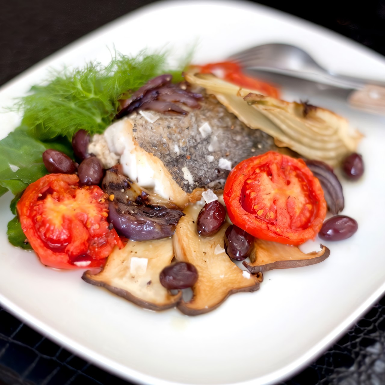 Жареный хек с белыми грибами, запеченным фенхелем, сладким луком и помидорами