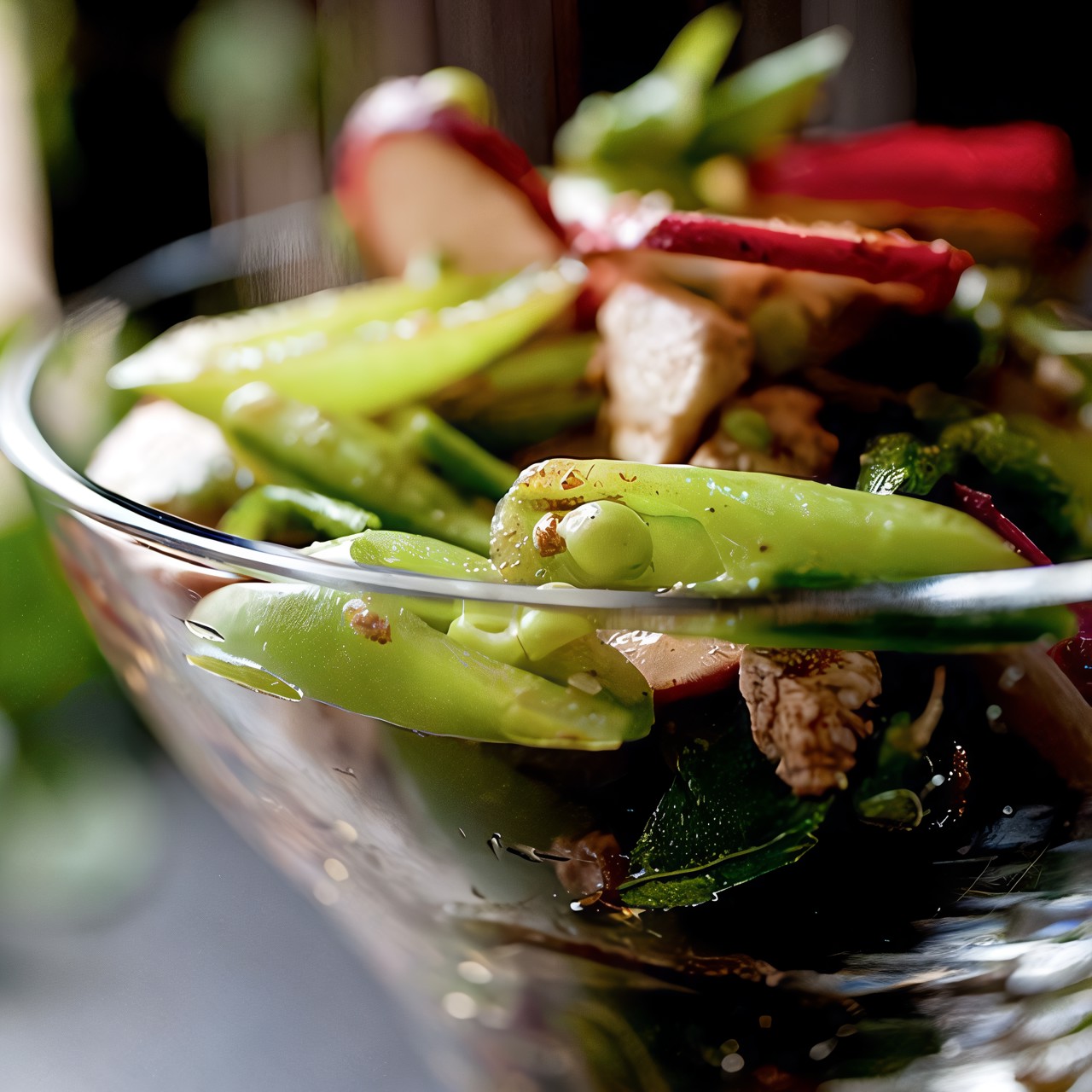 Жареный зеленый горошек с редисом и кешью