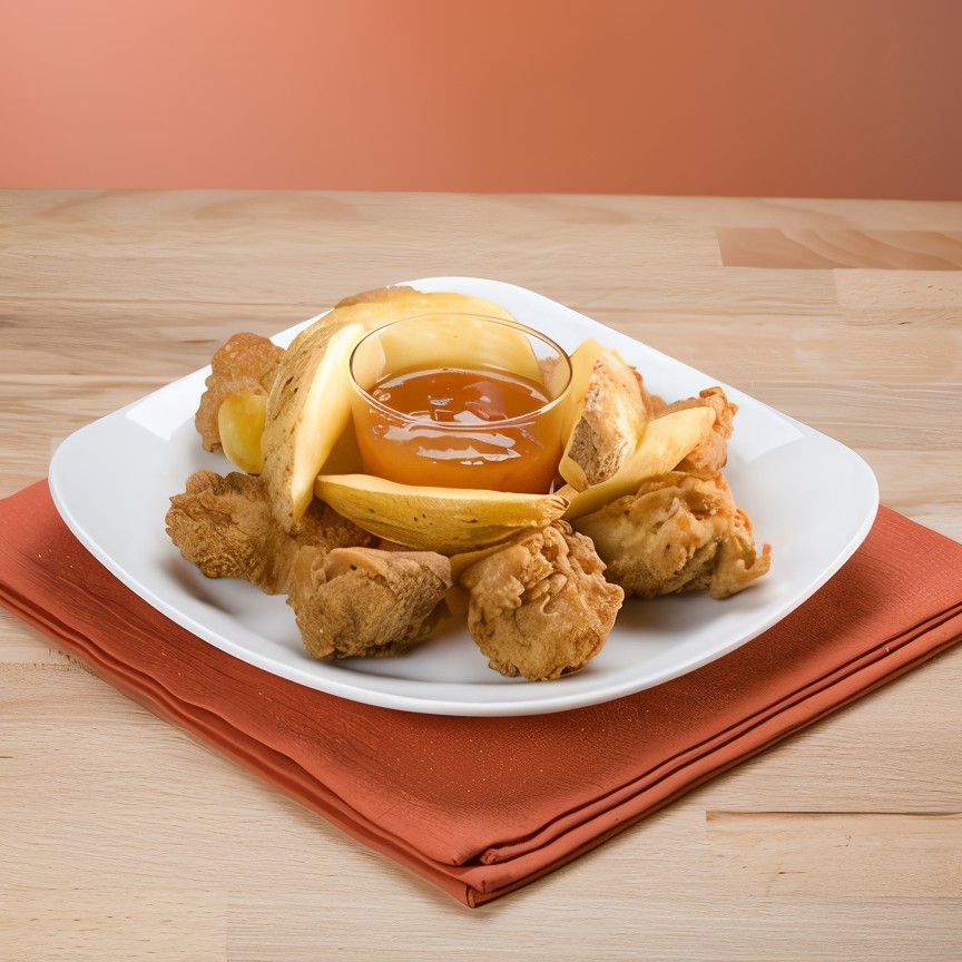 Золотистые куриные кусочки в сухарях с абрикосово-горчичным соусом