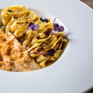 Блины с муссом из копченого лосося и маринованным огурцом