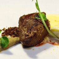 Грудка горного мясного голубя с пюре из белой моркови и куриной печени с соусом