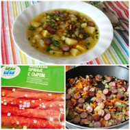 Картофельный суп с зеленым горошком и пряными колбасками