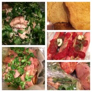 Куриное филе, шампиньоны с сыром и запеченые сосиски