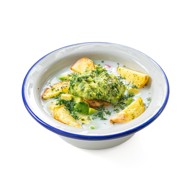 Окрошка с сыром и молодой печеной картошкой