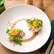 Салат «Оливье» с языком телёнка и хрустящим желтком