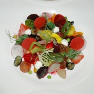 Винегрет с чипсами из томатов и ежевики