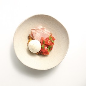 Драник с бураттой и мортаделлой