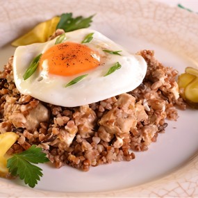 Каша «Старокиевская» с телячьими мозгами и грибами