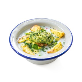 Окрошка с сыром и молодой печеной картошкой