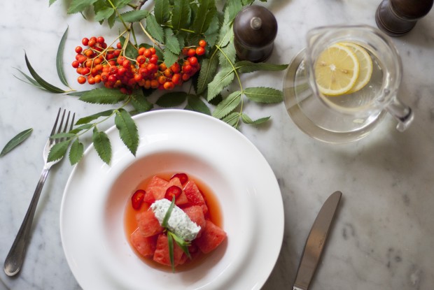 Арбуз с чили перцем и муссом из козьего сыра