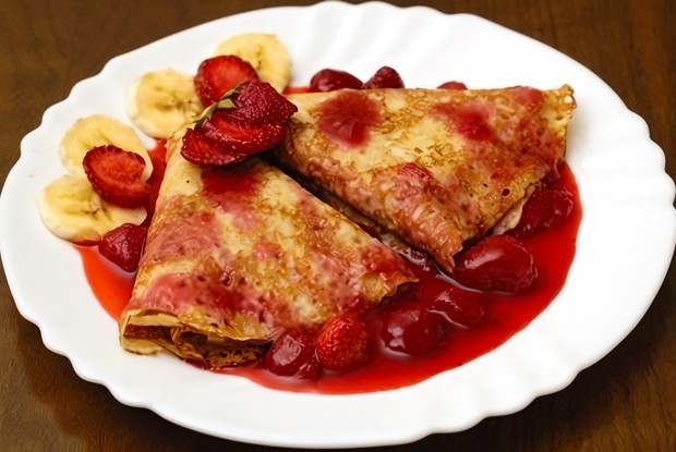 Банановые блинчики с клубничным соусом