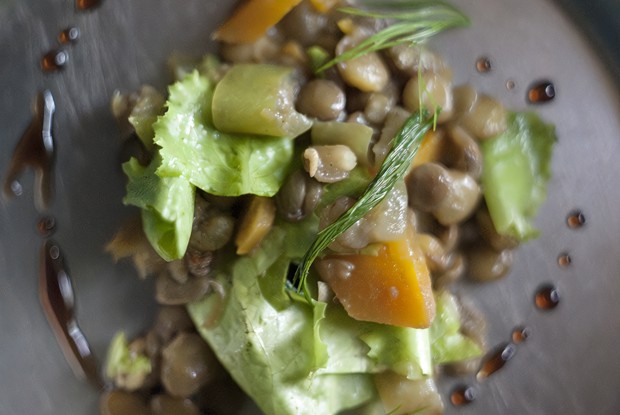 Чечевица с салатными листьями и зеленью укропа