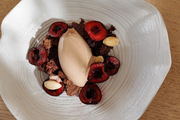 Черешня, шоколадное мороженое, молодой миндаль