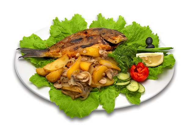 Дорада, запеченая с картофелем, петрушкой, чесноком и пекорино