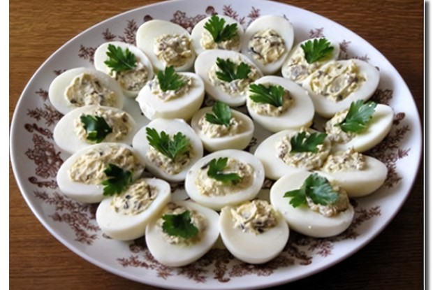 Фаршированные печенью трески яйца