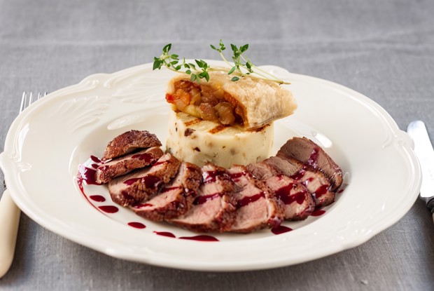Филе утки с пюре и вишневым соусом