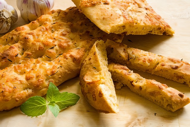 Фокачча с печеным чесноком, зеленым луком и сыром проволоне