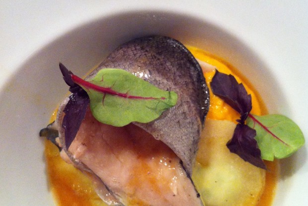 Форель речная с морковным пюре и яблочными равиоли